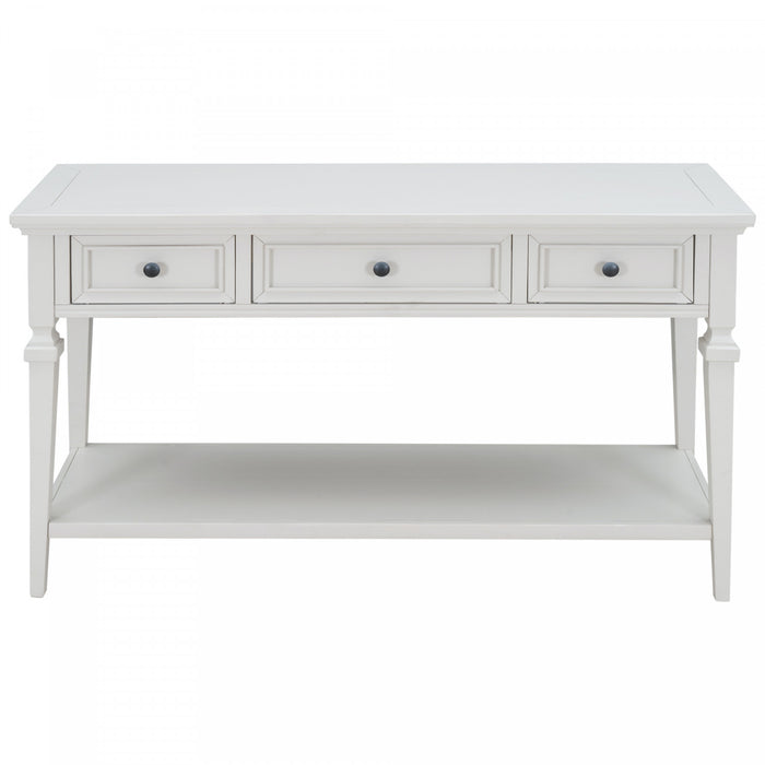 Table Console Sabina En Bois Massif Avec 3 Tiroirs Et Etagere - Blanc Antique
