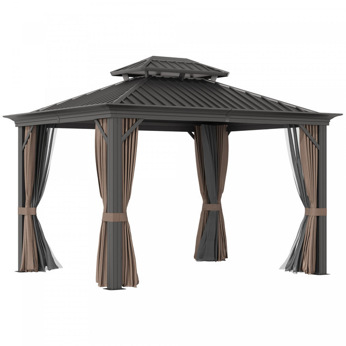 Outsunny 12' X 10' Tonnelle D'exterieur A Toit Rigide Avec Auvent En Acier Galvanise Et Parois Laterales En Filet Pour La Pelouse, La Cour Arriere, Brun