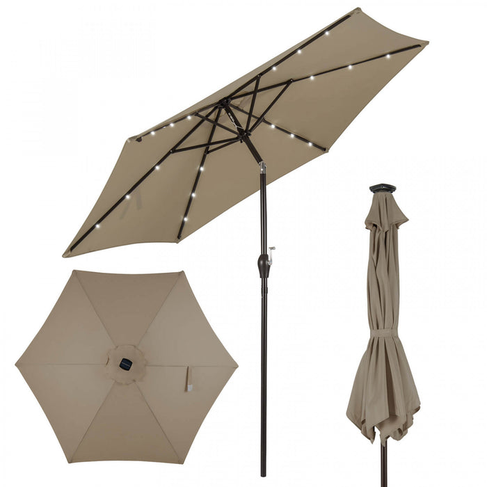 Costway Parasol de marche solaire LED de 9 pieds avec reglage d'inclinaison et manivelle, tan