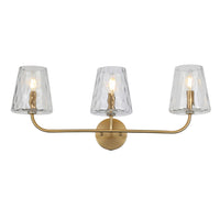 Lumière de coiffeuse Eleanor de Dainolite en verre martelé transparent, avec fini laiton vieilli et 3 ampoules