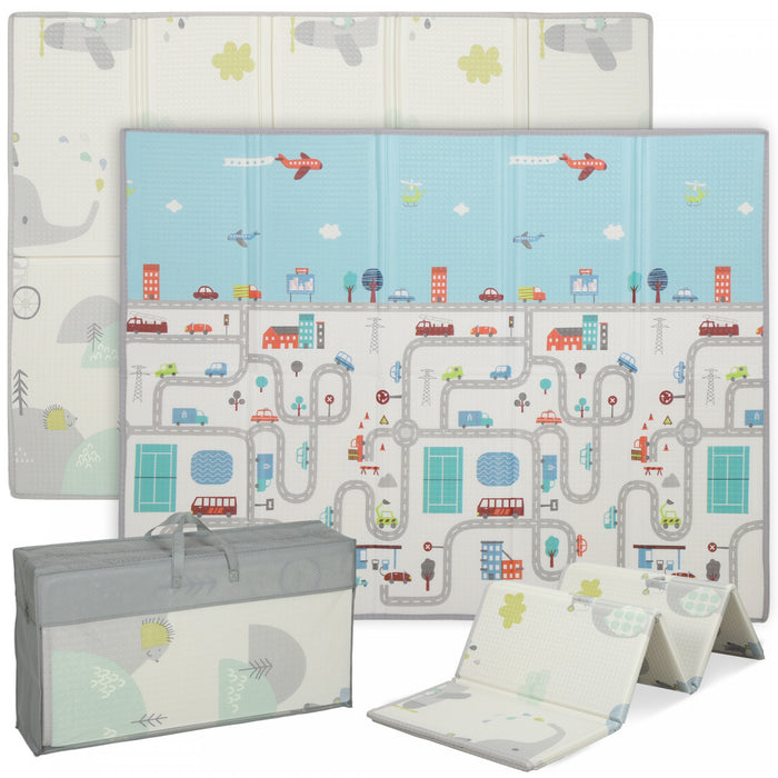 Qaba Tapis de jeu pour bebe, 77\"x58\", pliable et reversible, grand tapis de jeu en mousse, impermeable et antiderapant, pour l'interieur et l'exterieur, motif elephant