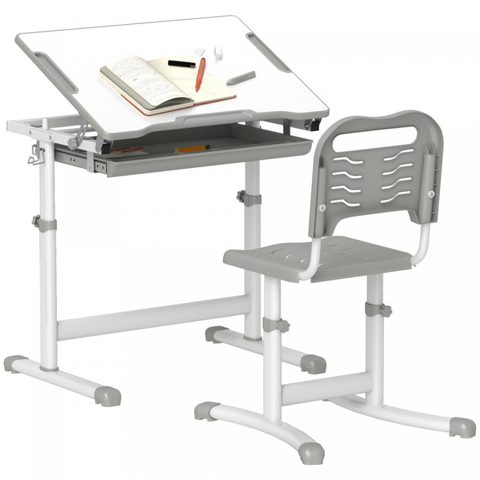 Qaba Ensemble Bureau Et Chaise Pour Enfants Reglable Bureau Inclinable Gris