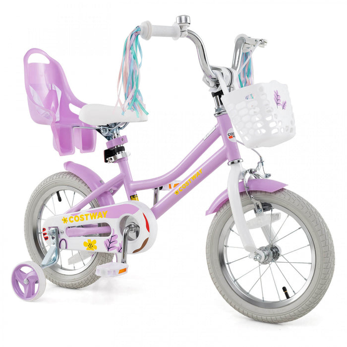Costway 14 Pouces Enfants Velo Avec Roues D'entrainement Poupee Siege Panier Streamers Frein A Main Violet