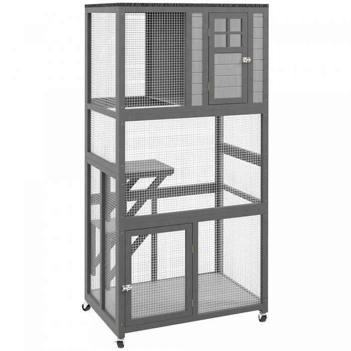 Pawhut Maison D'exterieure En Bois Pour Chat De 74\", Resistante Aux Intemperies Et A Roulettes, Enclos D'exterieur Pour Chat, Cage Pour Chaton, Gris Clair