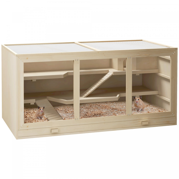 Pawhut D2-0041 Cage De Hamster En Bois De Sapin Souris Rats Souris Petits Animaux Exercice Maison De Jeu Avec Toboggan Cage En Bois