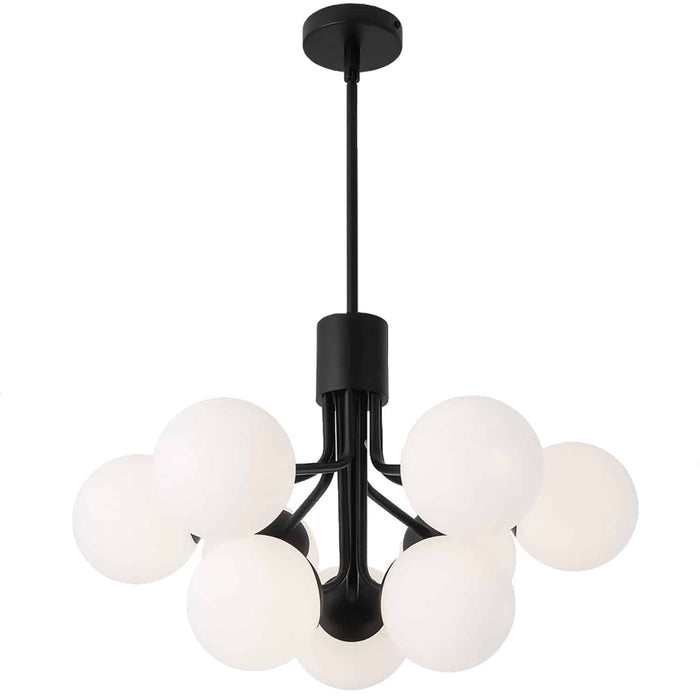 Lustre Amanda de Dainolite en verre blanc opale, avec fini noir mat et 9 ampoules