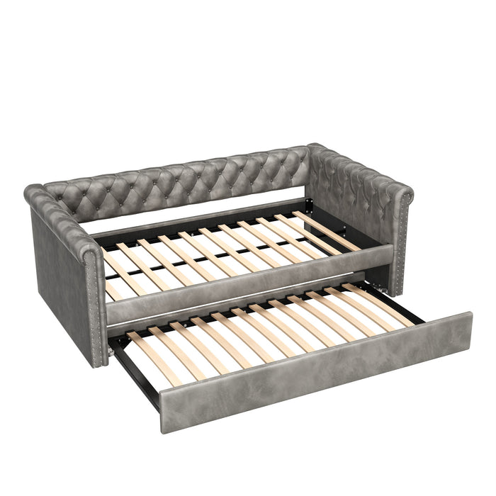 Le Daybed Sophia avec design capitonne, revetement en tissu, lit d'appoint avec trundle et dossier confortable, couleur grise