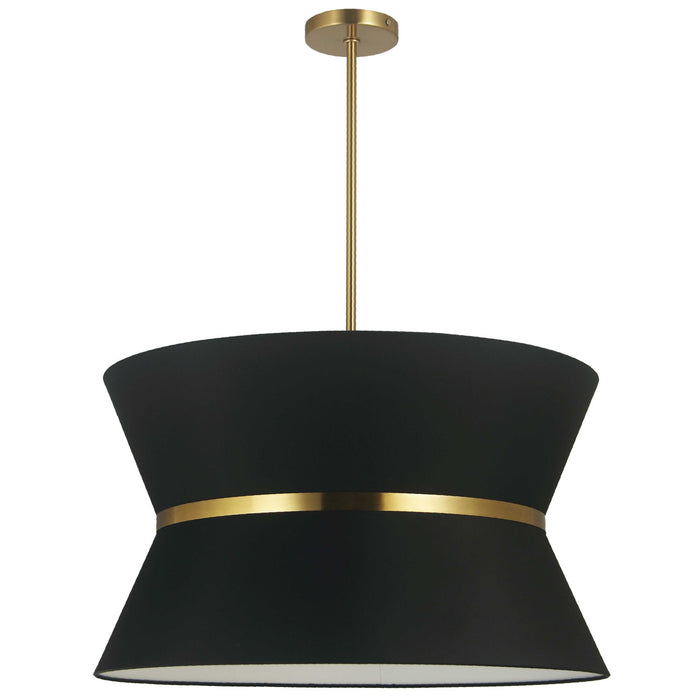 Luminaire suspendu Caterine de Dainolite de 24 po de diamètre, avec abat-jour noir, anneau argenté, fini laiton vieilli et 4 ampoules