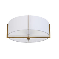 Plafonnier semi-affleuré Preston de Dainolite avec abat-jour blanc, fini laiton vieilli et 3 ampoules
