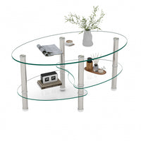  Table basse ovale transparente moderne Sophia en verre avec pieds en acier inoxydable, transparente