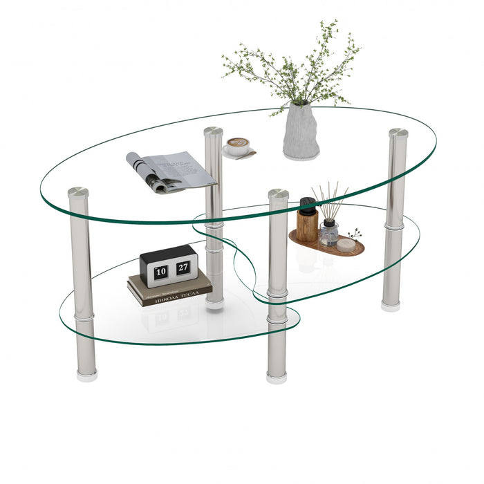 Table basse ovale transparente moderne Sophia en verre avec pieds en acier inoxydable, transparente