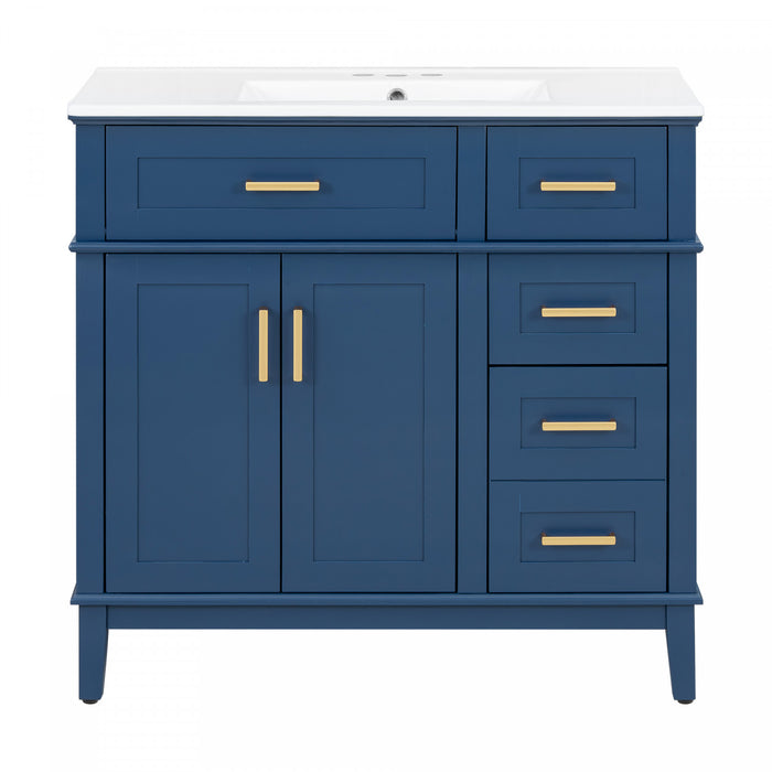 Meuble de salle de bain moderne Marshall 36 pouces avec lavabo ceramique et rangement, bleu