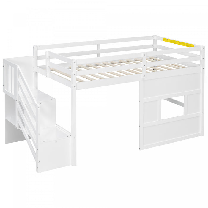Lit mezzanine moderne Pepys avec escalier de rangement et fenetre, taille simple, blanc