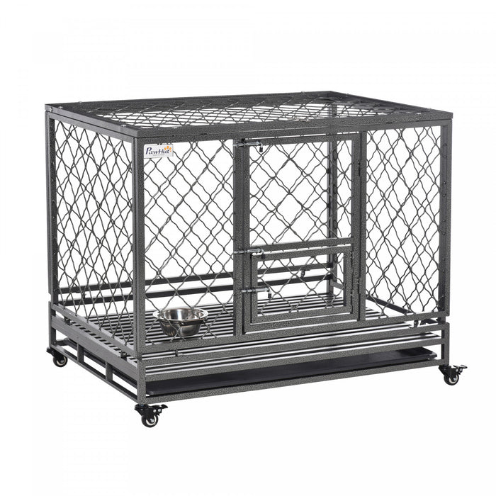 Pawhut Cage Pour Chien Robuste En Metal Avec Roulettes, Dessus Ouvrant, Plateau Amovible, Bol En Acier Inoxydable, Pour Chiens De Petite, Moyenne, Grande Et Xl, 42,5\" X 29\" X 35\"