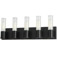 Lumière de coiffeuse Tube de Dainolite en verre cannelé transparent, avec fini noir mat et 5 ampoules