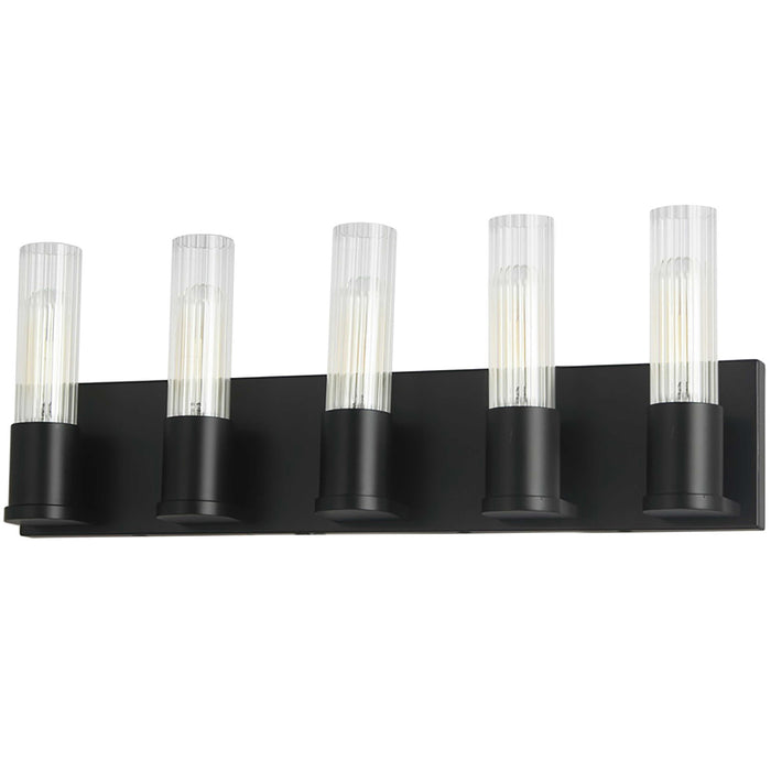 Lumière de coiffeuse Tube de Dainolite en verre cannelé transparent, avec fini noir mat et 5 ampoules