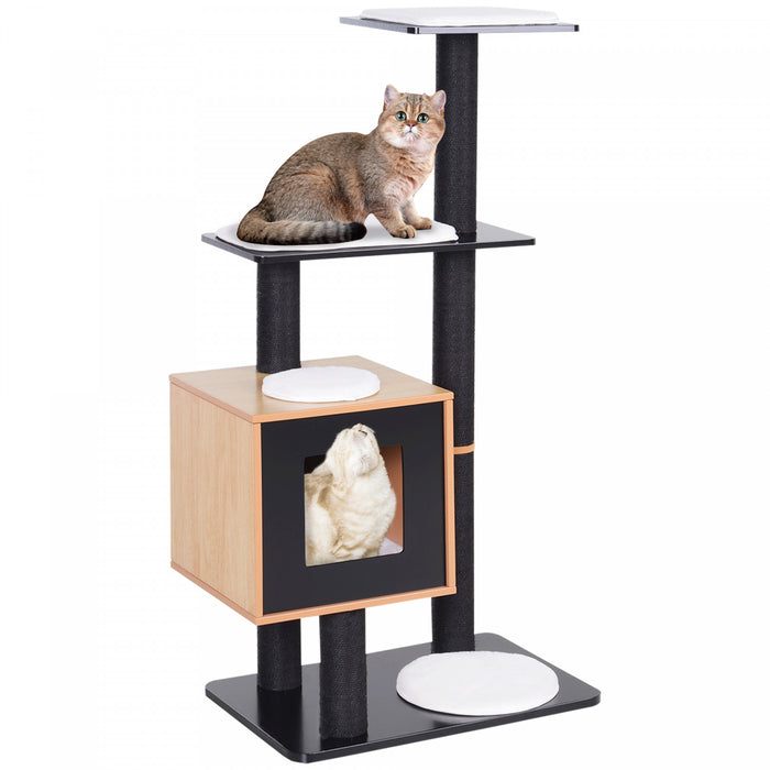Pawhut Arbre A Chats Design Contemporain Griffoirs Grattoirs Sisal Naturel Centre D‘activites Niche Plate-formes Jeu Boules Suspendues Mdf Noir Hetre