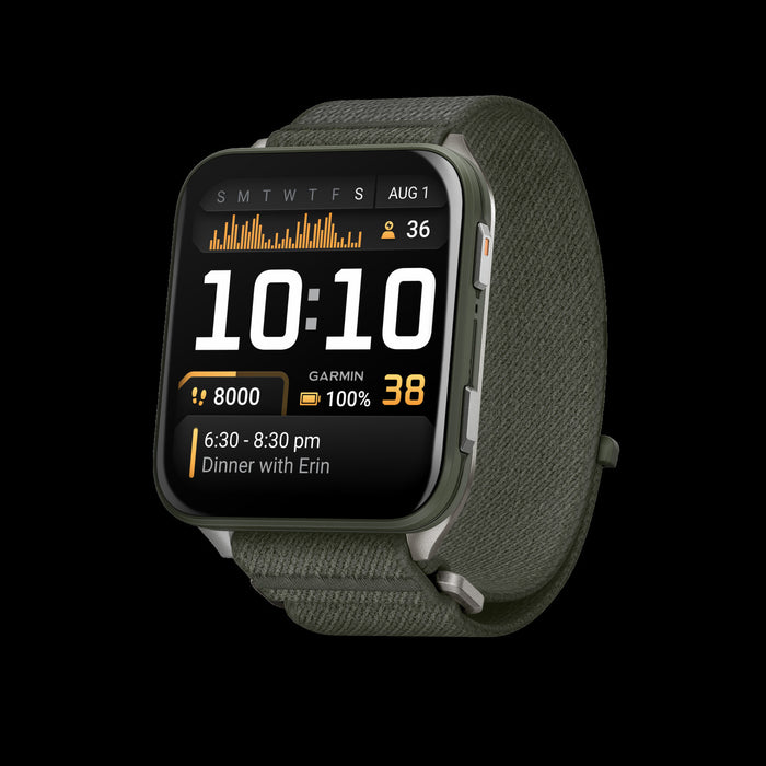 Montre intelligente Garmin Venu X1 Moss legere - Suivi exterieur, boitier en titane, bracelet ComfortFit, surveillance de la sante, commandes vocales, stockage de musique