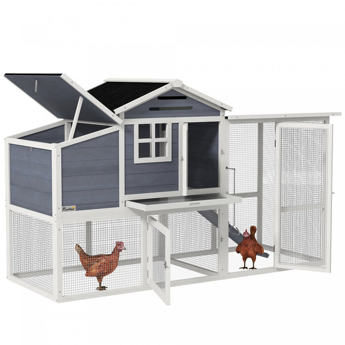 Pawhut Poulailler En Bois 76\", Poulailler D'exterieur, Cage A Volaille, Canard, Oie Avec Enclos Exterieur, Nichoir, Plateau Amovible Et Portes Verrouillables, Gris