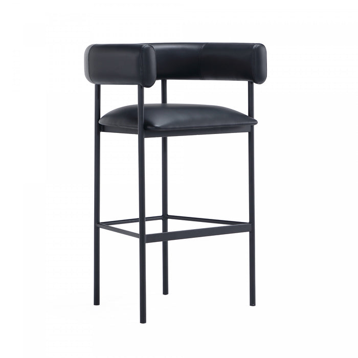 Tabouret de bar contemporain Onda en cuir vegetalien et metal, rembourre, noir