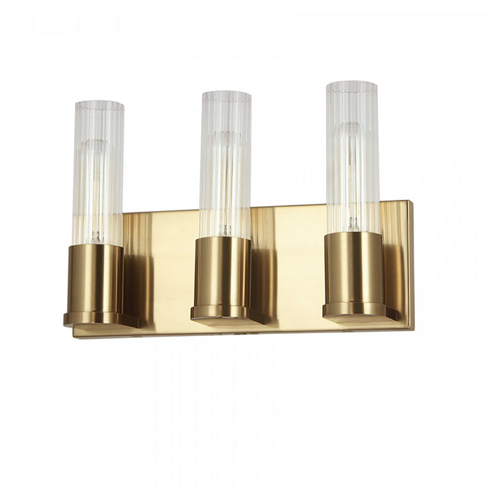 Lumière de coiffeuse Tube de Dainolite en verre cannelé transparent, avec fini laiton vieilli et 3 ampoules