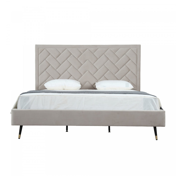 Lit king moderne Crosby en velours capitonne coloris grege