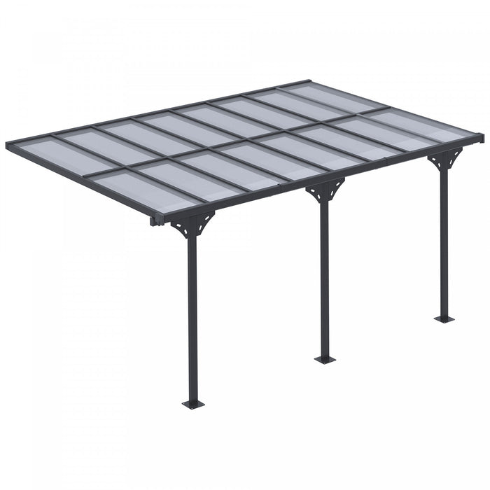 Outsunny Pergola Adossable Rigide Alu. Dim. 171.25\"l X 118\"l Pavillon De Jardin Toit Panneaux De Polycarbonate Inclinaison Reglable Gris