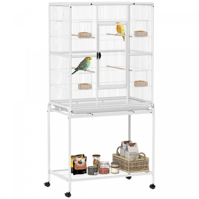 PawHut Cage a Oiseaux 64\", Cage Metallique Roulante pour Perroquet, Maison avec Support a Roulettes Detachable, Etagere de Rangement, Perchoir en Bois, Recipient Alimentaire, Blanc