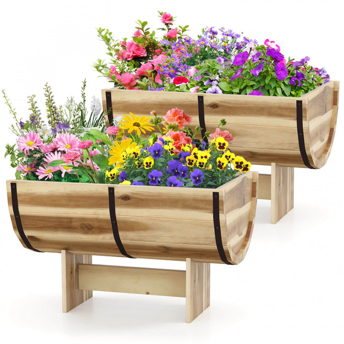 Costway 2 Pcs Exterieur Planteur En Bois Acacia Bois Solide Demi-baril Planteur Boite Avec Jambes