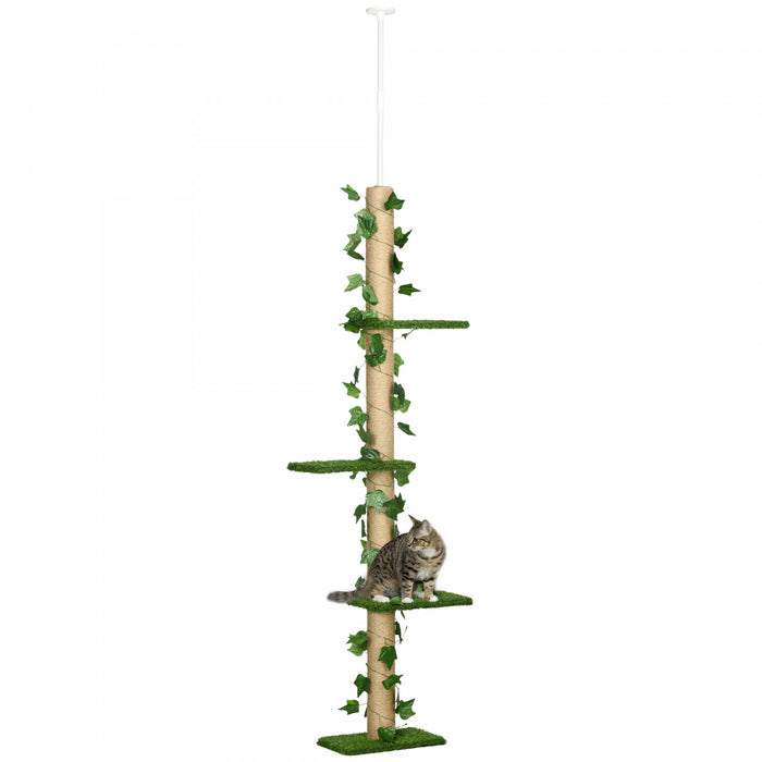 Pawhut Arbre A Chat A 4 Niveaux Du Sol Au Plafond, Hauteur 79,5 A 95,3\" Reglable, Grande Tour Pour Chat Antiderapant, Centre D'activites Multicouche Hautement Simulant Avec Perchoirs, Griffoir - Vert