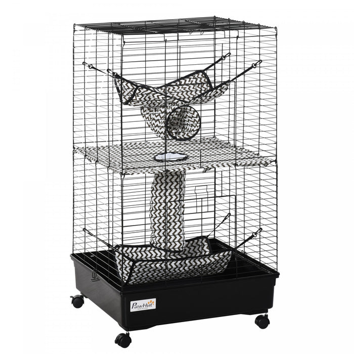 Pawhut Petit Animal Cage Habitat Maison De Jeu Pour Animaux De Compagnie Pour Furet Avec Roues Hamacs Tunnels Et 3 Portes Noir