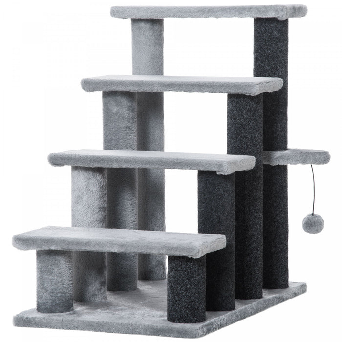Pawhut Escalier Pour Chat 4 Marches Pour Lit, Canape Avec Griffoirs, Petit Arbre A Chat Pour Chats D'interieur Avec Jouet Balle, Gris Clair