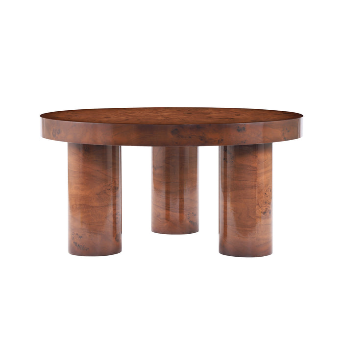 Table basse ronde moderne Lira 31,5 pouces placage bois a trois pieds cylindriques, brun