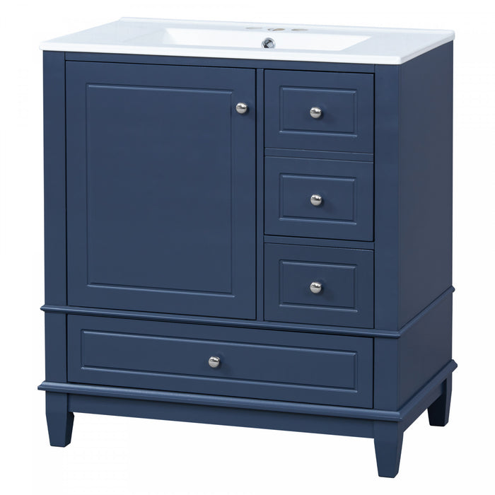 Emma Meuble-lavabo en bois massif de 30\" avec vasque en ceramique et porte a fermeture douce, Bleu