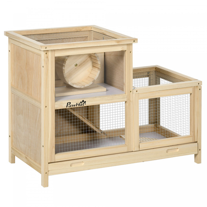 Pawhut Cage A Hamster En Bois, Huche Pour Souris Et Rongeurs, Maison D'exercice A 2 Niveaux, Avec Plateau Coulissant, Echelle, Scie, Roue De Course, Toits Ouvrables, 30.75\" X 16.25\" X 23.5\"
