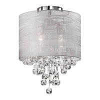 Plafonnier affleuré Tahnee de Dainolite en cristal, avec abat-jour en organza argenté et gris, fini chromé poli et 2 ampoules