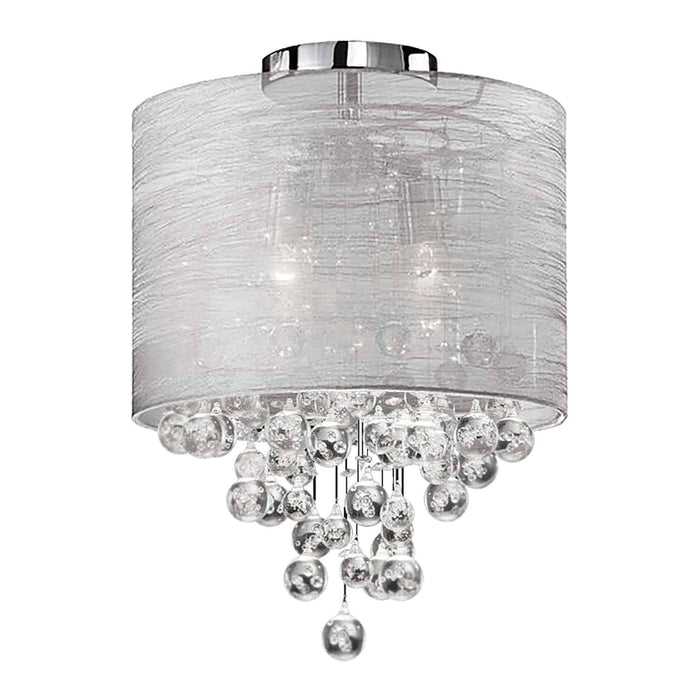 Plafonnier affleuré Tahnee de Dainolite en cristal, avec abat-jour en organza argenté et gris, fini chromé poli et 2 ampoules