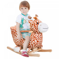 Qaba Chaise De Cheval A Bascule En Bois Pour Enfants En Peluche Pour Tout-petits Avec Ceinture Sonor