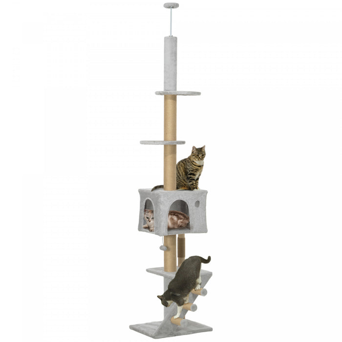 Pawhut Arbre A Chat Du Sol Au Plafond Pour Grands Chats Adultes, Tour A Chat Reglable En Hauteur De 89\"-104 Avec Griffoir, Maison Pour Chat, 3 Marches, Kit Anti-basculement, Gris