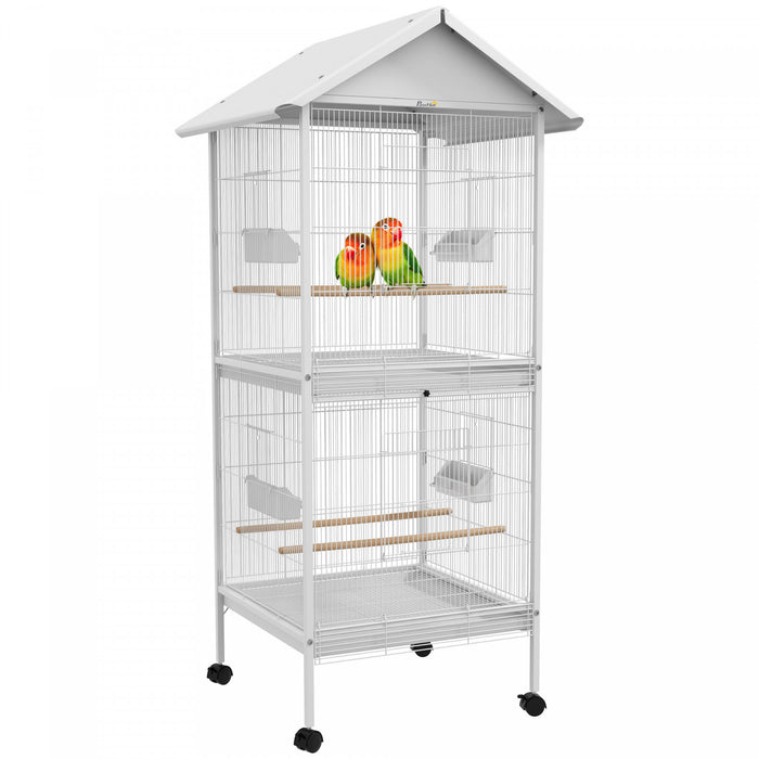 Pawhut Mangeoire Cage A Oiseaux En Metal Forge Avec Support Roulant Perchoirs Contenants Alimentaires Portes Roues 67\" H, Blanc