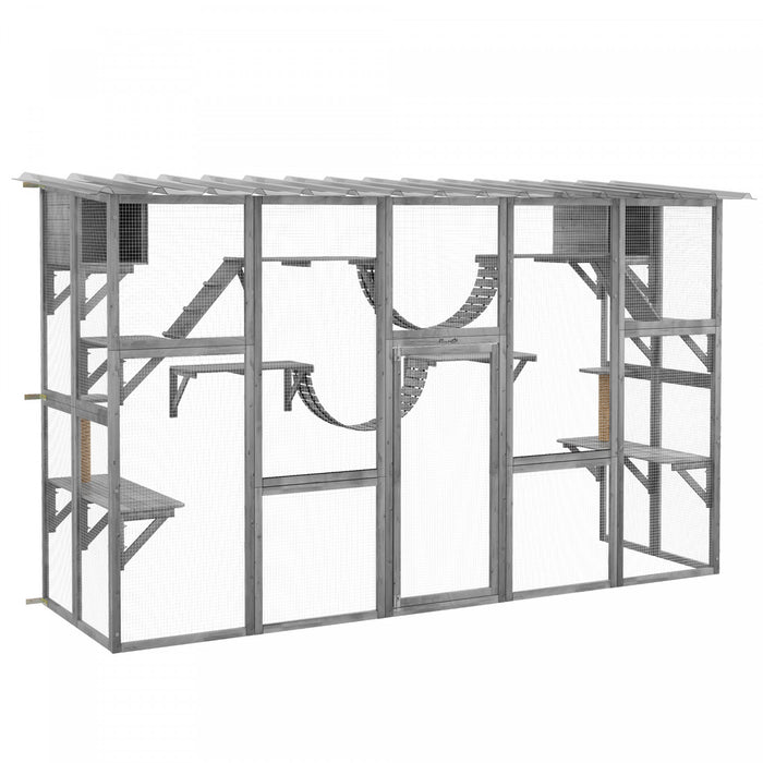 Pawhut Catio Grande Enceinte Exterieure Pour Chats Avec Condos Pour Chats, Plates-formes, Echelles, Portes, Toit Resistant Aux Intemperies, Cage Pour Chats En Bois Pour 1-4 Chats, Gris