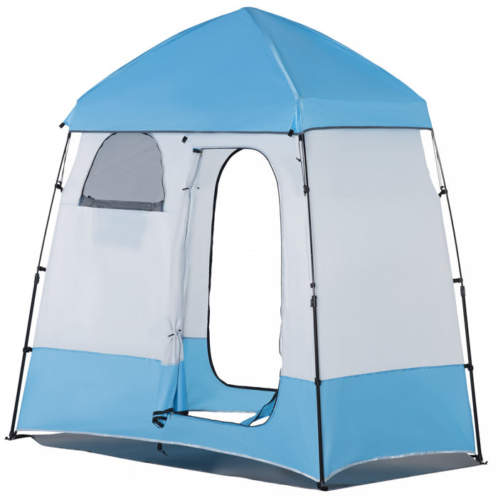 Outsunny Tente De Douche De Camping Pop Up Pliable Abri D'intimite Portable Pour 2 Personnes, Vestiaire Avec 2 Fenetres, 3 Portes, Sac De Transport, Gris Et Bleu