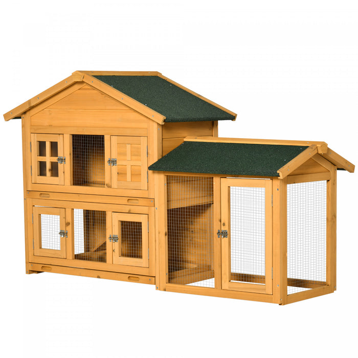 Pawhut 59\" Clapier A Lapin En Bois, 2 Niveaux, Maison Pour Animaux De Compagnie, Enclos Pour L'interieur Et L'exterieur Avec Plateau Coulissant, Rampe, Pour Lapins Et Petits Animaux, Orange