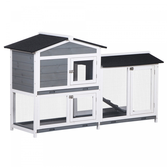 Pawhut Clapier A Lapin A 2 Etages En Bois Pour Petits Animaux Avec Rampe, Plateau Sans Fuite, Toit Resistant Aux Intemperies Et Enclos Exterieur, Interieur/exterieur, Gris