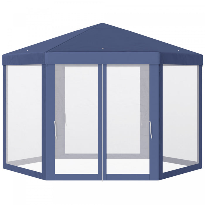 Tonnelle Barnum Tente De Reception Hexagonale 10 MĠ Style Cosy Metal Polyester Impermeabilise Bleu Blanc