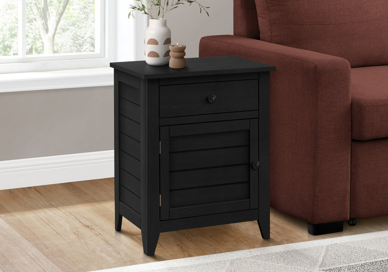 Table de bout, d’appoint et de nuit de rangement de style transitionnel avec tiroir de rangement et placages noirs pour la chambre à coucher