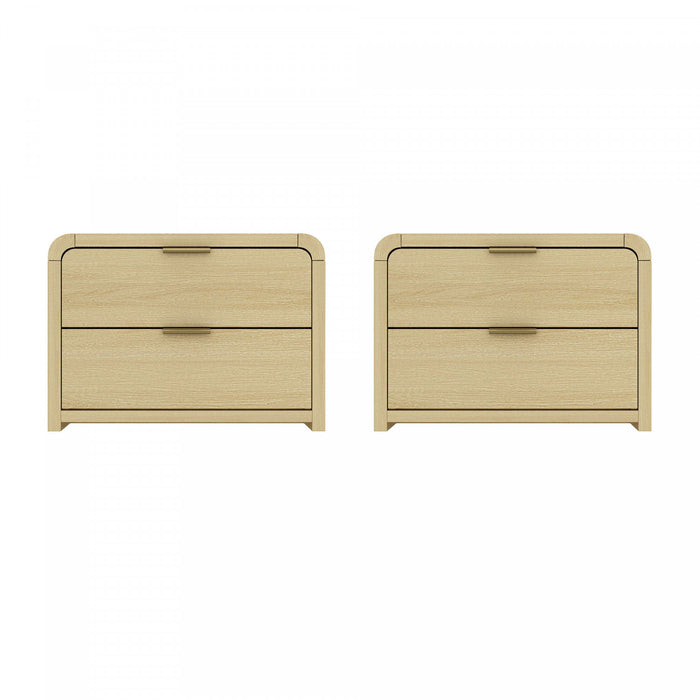 Table de nuit moderne Grace 28\" en chene naturel et or (2 tiroirs) - Lot de 2