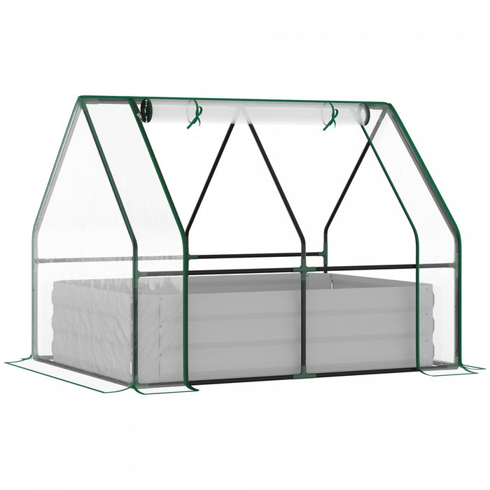 Outsunny Lit De Jardin Sureleve Galvanise De 4' X 3' Avec Mini Housse De Serre En Plastique, Jardiniere D'exterieur En Metal Avec 2 Fenetres Enroulables Pour Cultiver Fleurs, Fruits, Transparent