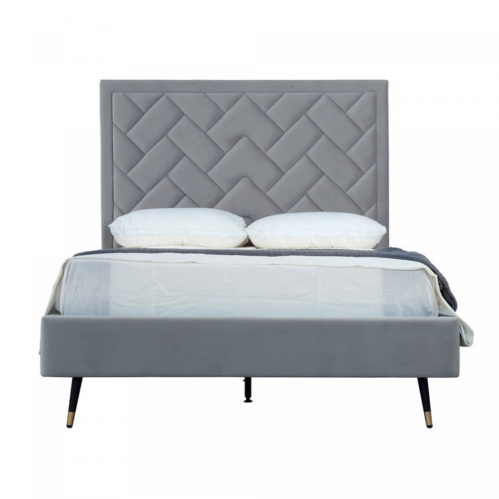 Lit double moderne Crosby en velours gris capitonne