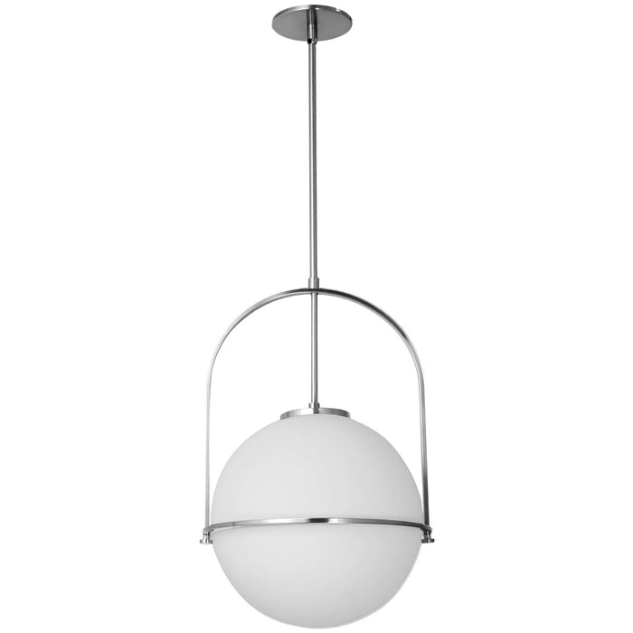 Petit luminaire suspendu Paola de Dainolite en verre blanc opale, avec fini chromé poli et 1 ampoule